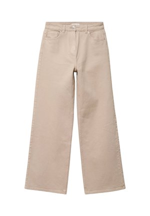 Beige jeans med høj talje og vid ben, foran med knapper, lynlåslukning og design med fem lommer.