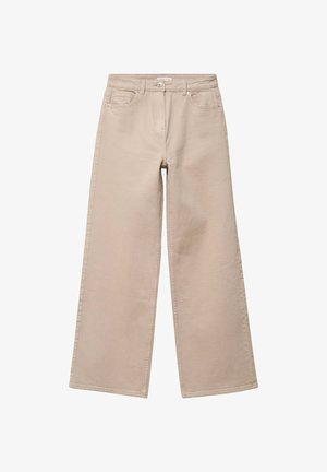 Beige jeans med høj talje og vid ben, foran med knapper, lynlåslukning og design med fem lommer.
