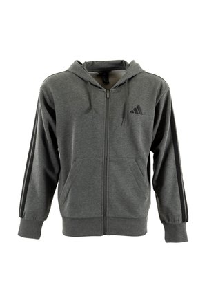Felpa grigia con zip, tasca a marsupio, polsini a coste e cappuccio. Presenta strisce laterali nere e un logo in rilievo sul petto.