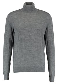 Maglione grigio a collo alto realizzato in un leggero tessuto a maglia, con maniche lunghe e una silhouette aderente; texture liscia con polsini a coste.
