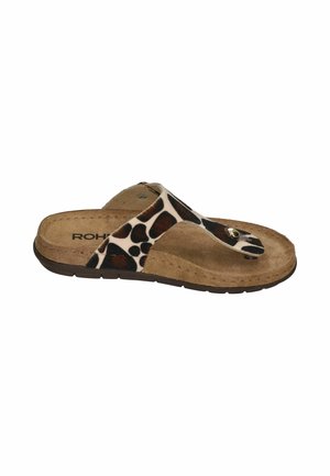 Brown suede thong sandal with animal print strap and black sole, designed for casual wear.
