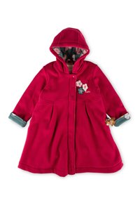 Cappotto di pile rosa con cappuccio, applicazioni floreali, polsini blu a contrasto e motivo interno di colore crema. Presenta una chiusura anteriore a scatto e un design svasato.