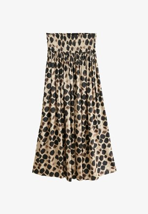 Leopardi täppidega maksiseelik, millel on smockatud talje, laienev siluett ja kerge kangas, beež taust ning mustad täpid.