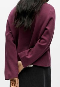 Bordeaux, løstsiddende sweater med lange ærmer og lige kant, fremstillet af et blødt stof. Bagfra ses den glatte tekstur og det enkle design.