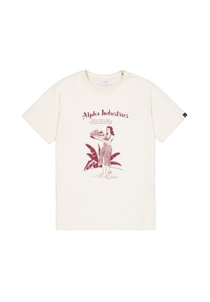 Kremna bombažna majica s maroon grafiko dekleta, ki drži sadje, z besedilom "Alpha Industries" in tropskimi listi v oblikovanju.