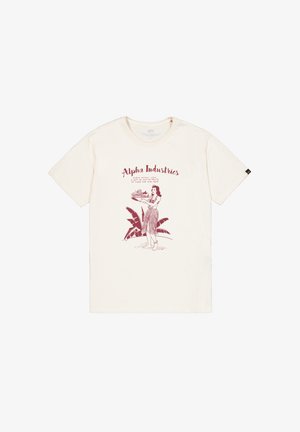 Kremna bombažna majica s maroon grafiko dekleta, ki drži sadje, z besedilom "Alpha Industries" in tropskimi listi v oblikovanju.