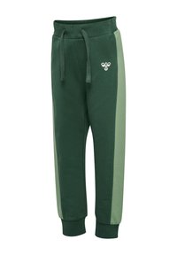 Gröna joggerbyxor i mjukt tyg, med en kontrasterande ljusgrön rand, elastisk midja med dragsko och sidologo.