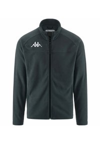 Giacca in fleece grigio scuro con zip frontale, colletto alto e logo Kappa bianco sul lato sinistro del petto. Maniche lunghe e vestibilità standard.