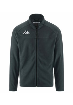 Giacca in fleece grigio scuro con zip frontale, colletto alto e logo Kappa bianco sul lato sinistro del petto. Maniche lunghe e vestibilità standard.