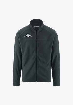 Giacca in fleece grigio scuro con zip frontale, colletto alto e logo Kappa bianco sul lato sinistro del petto. Maniche lunghe e vestibilità standard.