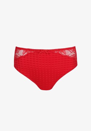 Rode bikini onderkant met een gridstructuur en kantdetails bij de taille, versierd met een klein strikje aan de voorkant.