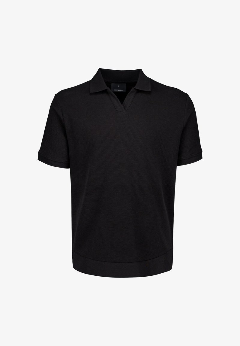 Schwarzes Poloshirt mit kurzen Ärmeln, Kragen und V-Ausschnitt, aus strukturiertem Stoff und mit geradem Saum.