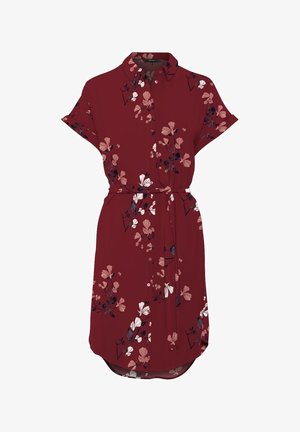 Viininpunainen, lyhythihainen paitamekko, jossa on vaaleanpunainen ja valkoinen kukkakuosi, napit edessä, kaulus, käärityt hihat ja vastaava vyötärönauha.