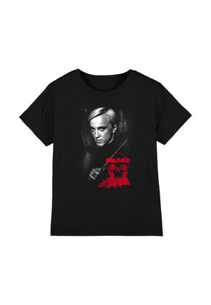 Black T-shirt with a young man holding a wand, red skull and snake graphic, and the word "DRACO" in bold red letters.