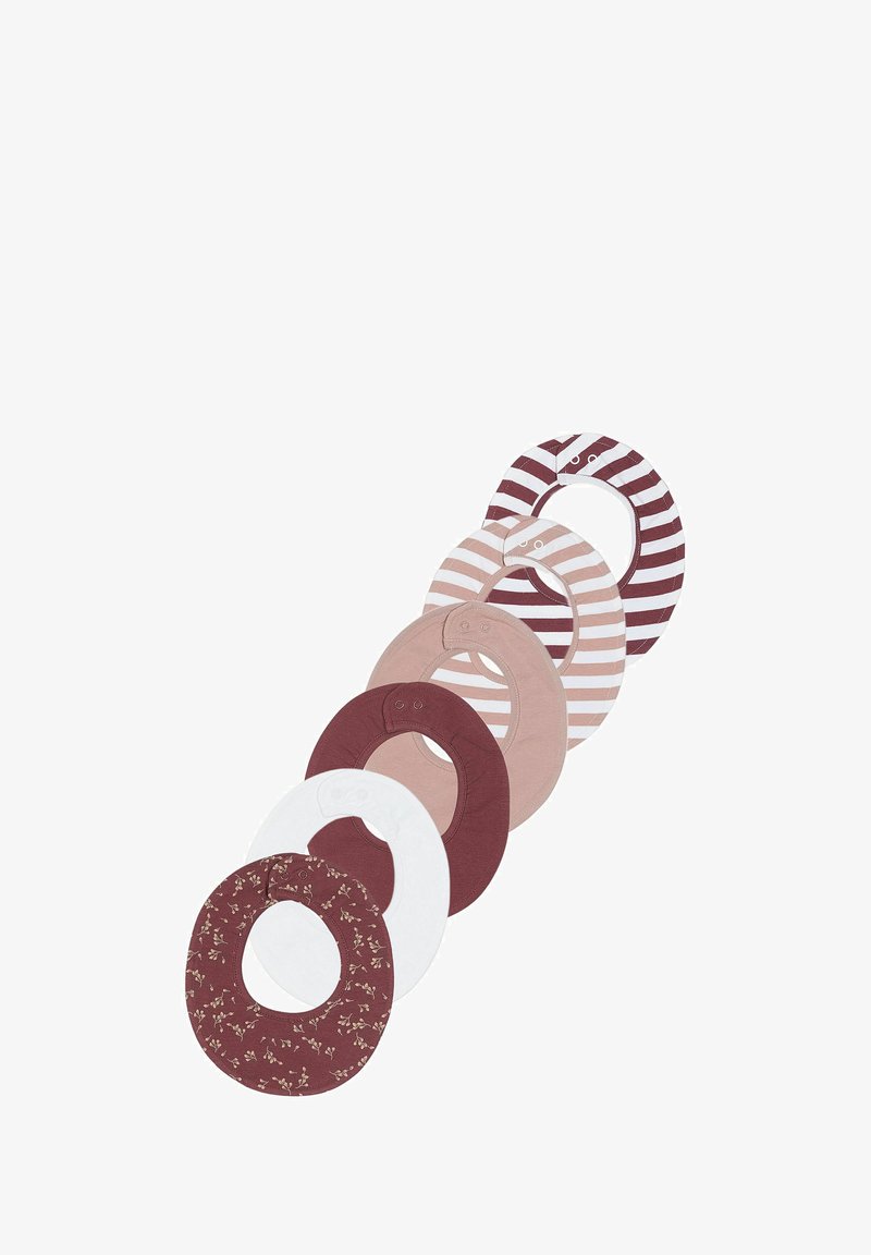 Sada šesti kulatých bryndáků v různých barvách: tmavě červená, světle růžová, bílá a pruhované vzory. Měkký bavlněný materiál se zapínáním na patentky.