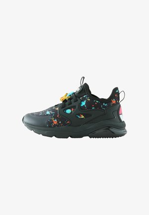 Black athletic shoe with colorful splatter pattern, textured fabric upper, chunky sole, and elastic lacing system featuring playful accent.
