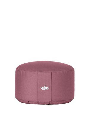 Rundes mauvefarbenes Meditationskissen mit Lotusblüten-Stickerei und Stoffgriff an der Seite, zum Sitzen auf dem Boden entworfen.