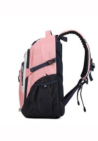 Rugzak met een roze en marineblauwe kleurenschema, van duurzame stof, met verstelbare schouderbanden en een zijvak van gaas voor opslag.