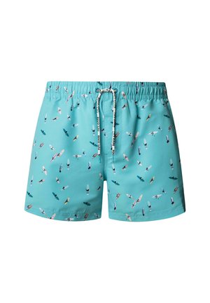 Light blue swim shorts with elastic waistband and drawstring, featuring a multicolored surfer pattern scattered across the fabric.