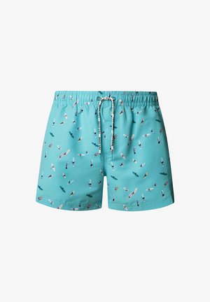 Light blue swim shorts with elastic waistband and drawstring, featuring a multicolored surfer pattern scattered across the fabric.