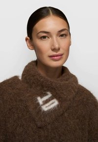 Brązowy sweter z mieszanki wełny z szerokim kołnierzem, zdobiony kremowym wzorem. Materiał o fakturze puchatej. Starannie oprawiona twarz w neutralnych tonach.