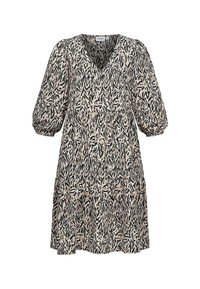 V-Ausschnittkleid aus einem leichten Stoff mit einem schwarz-beige abstrakten Muster, Puffärmeln und einem gestuften Rockdesign.