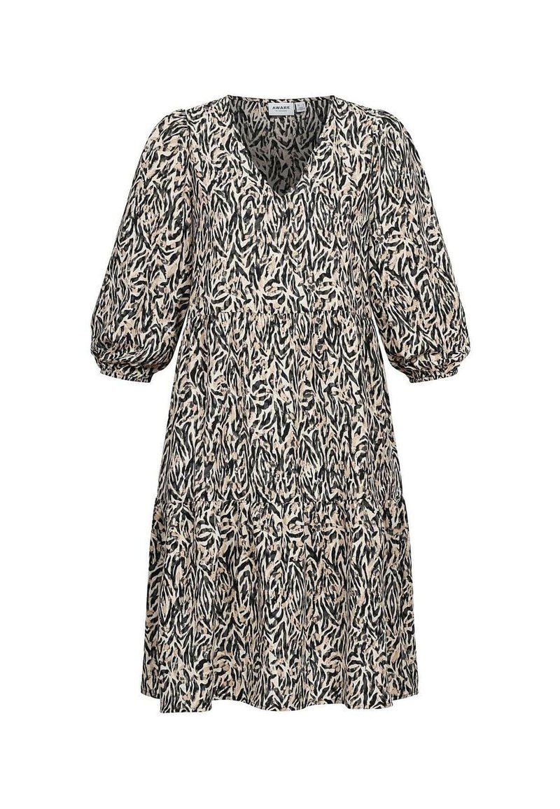 V-Ausschnittkleid aus einem leichten Stoff mit einem schwarz-beige abstrakten Muster, Puffärmeln und einem gestuften Rockdesign.