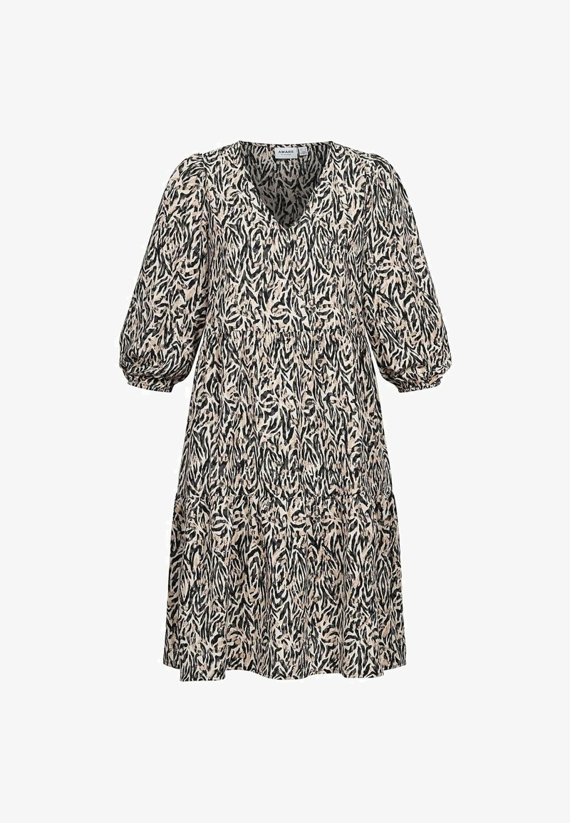 Rochie cu decolteu în V dintr-un material ușor, cu un model abstract în nuanțe de negru și bej, mâneci bufante și un design cu volane.