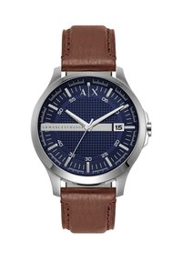 Armani Exchange óra rozsdamentes acél tok, sötétkék, texturált számlap, ezüst órajelzők és barna bőr szíj kombinációjával. Dátum kijelző 3 órakor.