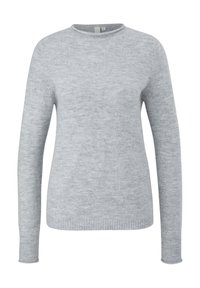 Pull en tricot gris clair à manches longues avec encolure ronde et poignets et ourlet côtelés, présenté sur fond blanc.