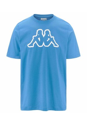 Maglietta blu a maniche corte con un logo bianco di due silhouette umane sedute schiena contro schiena sul petto.