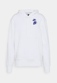 Vit huvtröja i bomullsblandning, med tre blå Nike-logotyper på bröstet, en framficka i kängurustil och en justerbar huva.