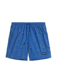 Niebieskie szorty kąpielowe z wzorem małych samolotów w czerni i bieli. Wykonane z lekkiego materiału z elastycznym pasem i sznurkiem.