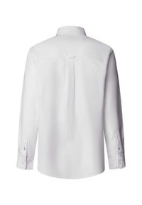 Bjela košulja dugih rukava s ovratnikom na dugme, detaljima leđa s nabora i dugmadi na manžetama; izrađena od lagane, glatke tkanine.
