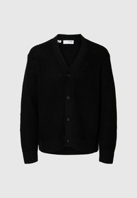 Juodas megztinis su V formos kaklu, ilgomis rankovėmis, gumbuotais rankogaliais ir apatiniu kraštu, bei penkių mygtukų uždarymu ant vienspalvio fono.