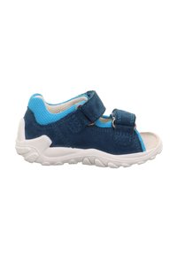 Blue and turquoise children's sandal featuring a suede upper, two adjustable straps, and a textured white rubber sole.