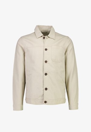 Beige jakke fremstillet af bomuld med knaplukning, brystlomme og to sidelommer; har brune knapper og krave.