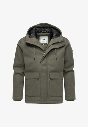 Jasnozielona kurtka wełniana z odpinanym kapturem, zapięciem na zamek, dwoma przednimi kieszeniami naszytymi oraz wzorzystą podszewką.