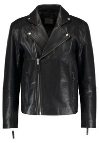 Schwarze Leder-Motorradjacke mit diagonaler Frontreißverschluss, breiten Revers, silberner Hardware und langen Ärmeln mit Reißverschlussakzenten.