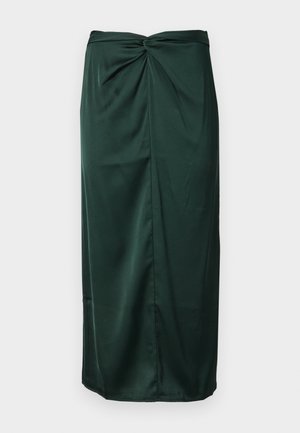 Mørkegrønn satengskjørt med en tvunnet omslagsdesign i livet og en slank, rett silhuett med en glatt tekstur.