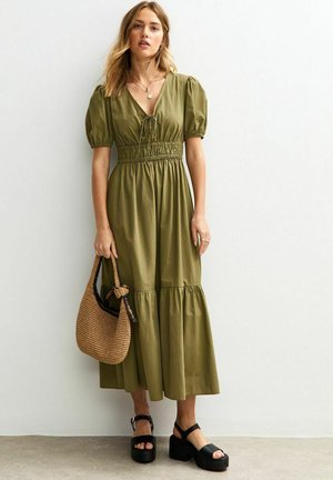 V-NECK MIDI SMOCK - Day dress - olive