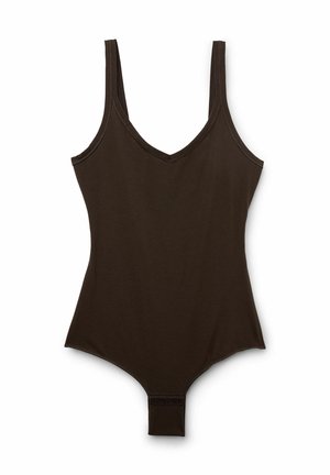 Donkerbruine bodysuit met een V-hals, brede schouderbanden en drukknoopsluiting aan de onderkant. Gladde, zachte stof met een aansluitend ontwerp.