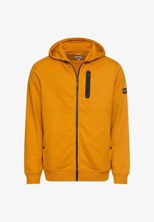 Pomarańczowa bluza z kapturem na zamek błyskawiczny, z czarną kieszenią na zamek błyskawiczny na piersi oraz kieszeniami bocznymi, wykonana z gładkiego, lekkiego materiału.