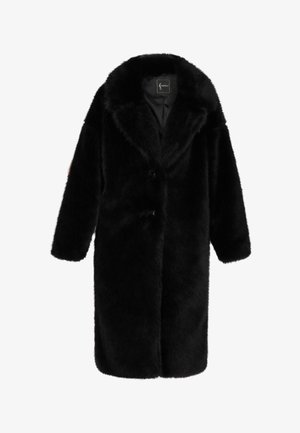 Zwarte nep-bont jas met kraag, lange mouwen en een middellange snit. Voorzien van twee knopen en een gladde binnenvoering.
