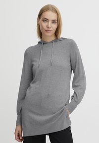 Grauer langärmeliger Hoodie aus weichstem Material, mit einer Kapuze und Kordeln sowie gerippten Bündchen, in lässiger Passform für optimalen Tragekomfort.
