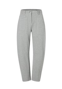 Gray sweatpants with a relaxed fit, featuring two front pockets, a metal button closure, and smooth fabric texture.