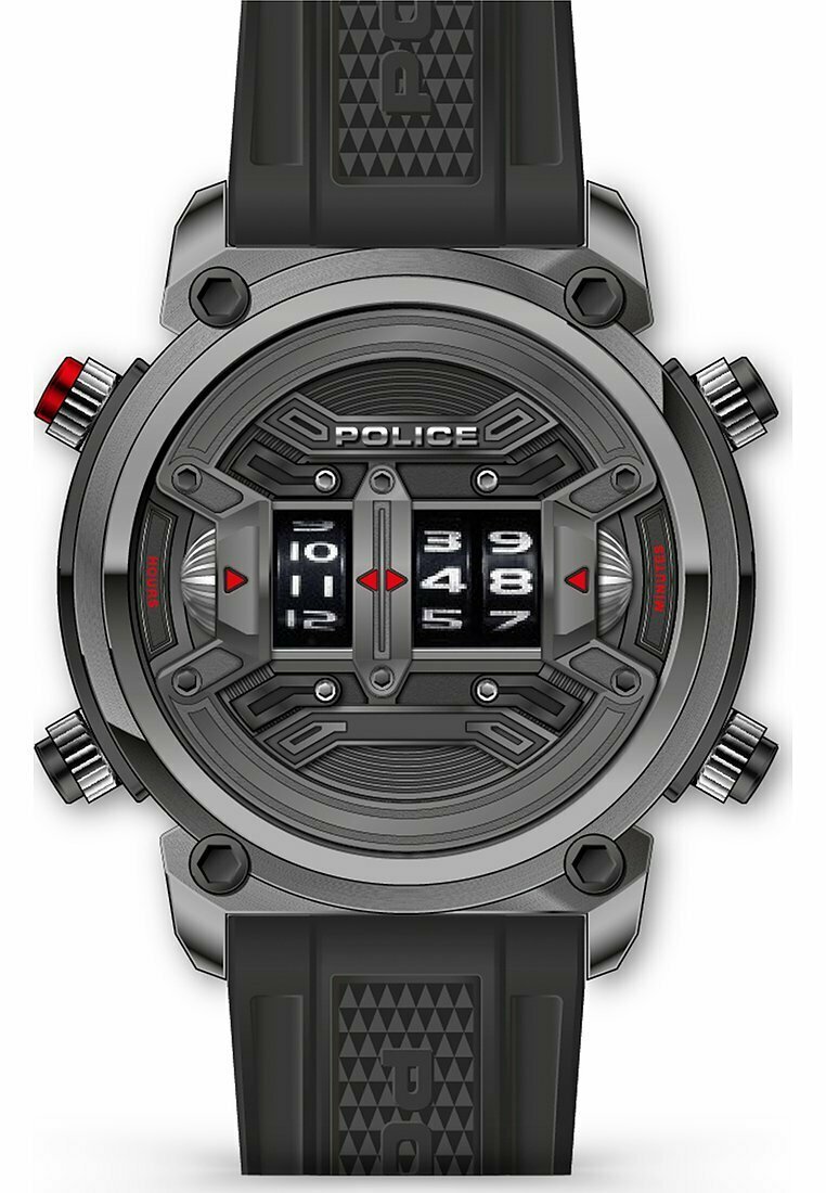 Zegarek cyfrowy z czarnym gumowym paskiem i metaliczno-szarym kopertą. Posiada wielowarstwowy cyferblat z czarnymi i srebrnymi elementami oraz wyraźnymi czerwonymi akcentami.