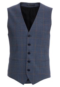 Blue and brown checked men's waistcoat with five dark buttons and two front pockets, featuring a V-neck and black inner lining.