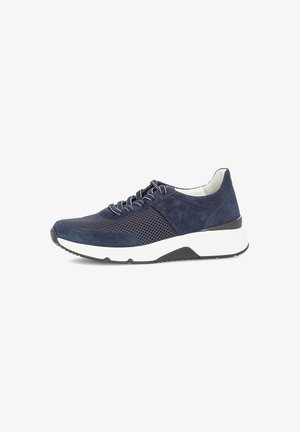 Navy suede sneaker featuring a perforated panel, contrasting white midsole, and dark rubber outsole with lace-up closure.