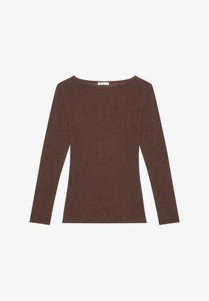 Bruine lange mouwen top met een boot halslijn, gemaakt van zachte, rekbare stof. Beschikt over een getailleerd silhouet en een minimalistisch ontwerp.